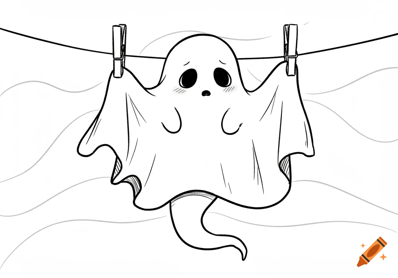 A black and white line drawing of a cute, sad ghost hanging on a clothesline with clothespins.