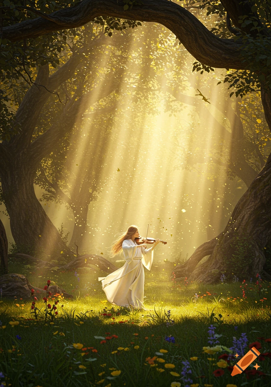A woman in a white gown plays a violin in a sunlit, ethereal forest clearing with vibrant wildflowers.