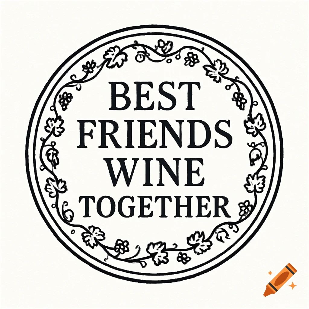 A black and white circular graphic with a vine border and the text 'BEST FRIENDS WINE TOGETHER'.