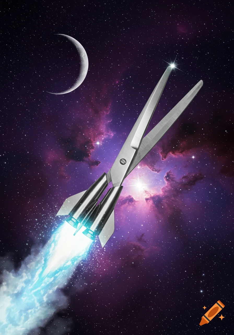 A pair of silver scissors, redesigned as a rocket, blasting off through a star-filled space with a crescent moon and purple nebula.