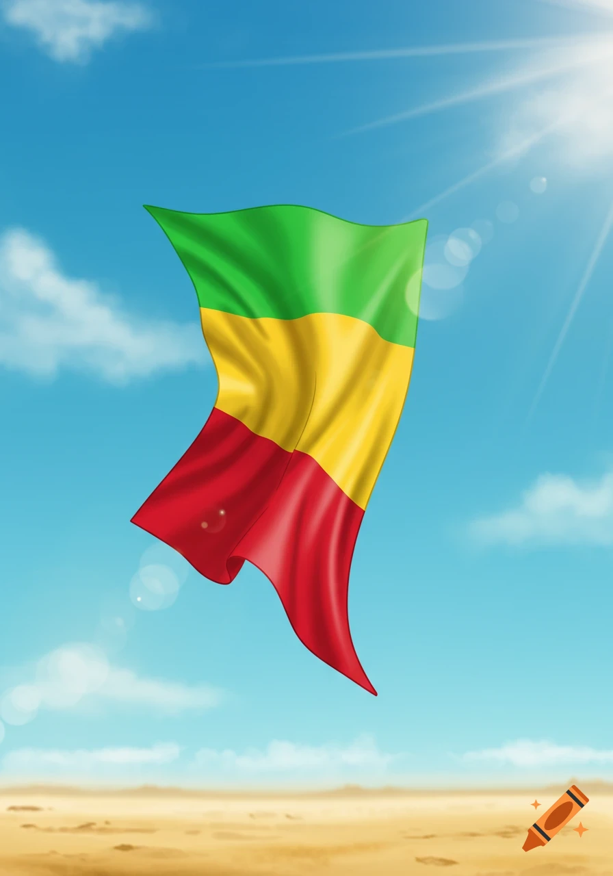 Mali flag with green, yellow, and red stripes waving in a bright blue sky over a sandy desert.