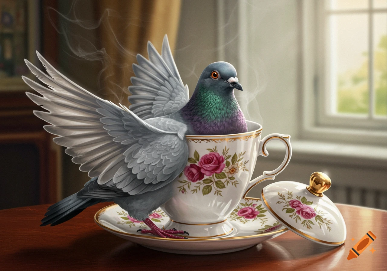 A colorful pigeon with outstretched wings sits in a floral teacup, steam rising from it, on a wooden table.
