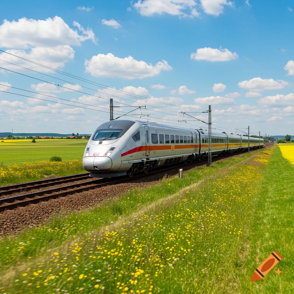 A silver and red German high-speed train travels through a vibrant green and yellow field under a blue sky with white clouds.