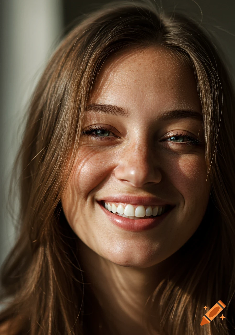 Close-up photorealistic portrait of a smiling woman with green eyes, freckles, and brown hair, dappled in cinematic window light.