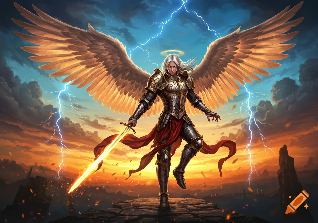 Armored angel warrior with large wings, glowing sword, standing on rocks against a dramatic lightning and sunset sky, digital painting.