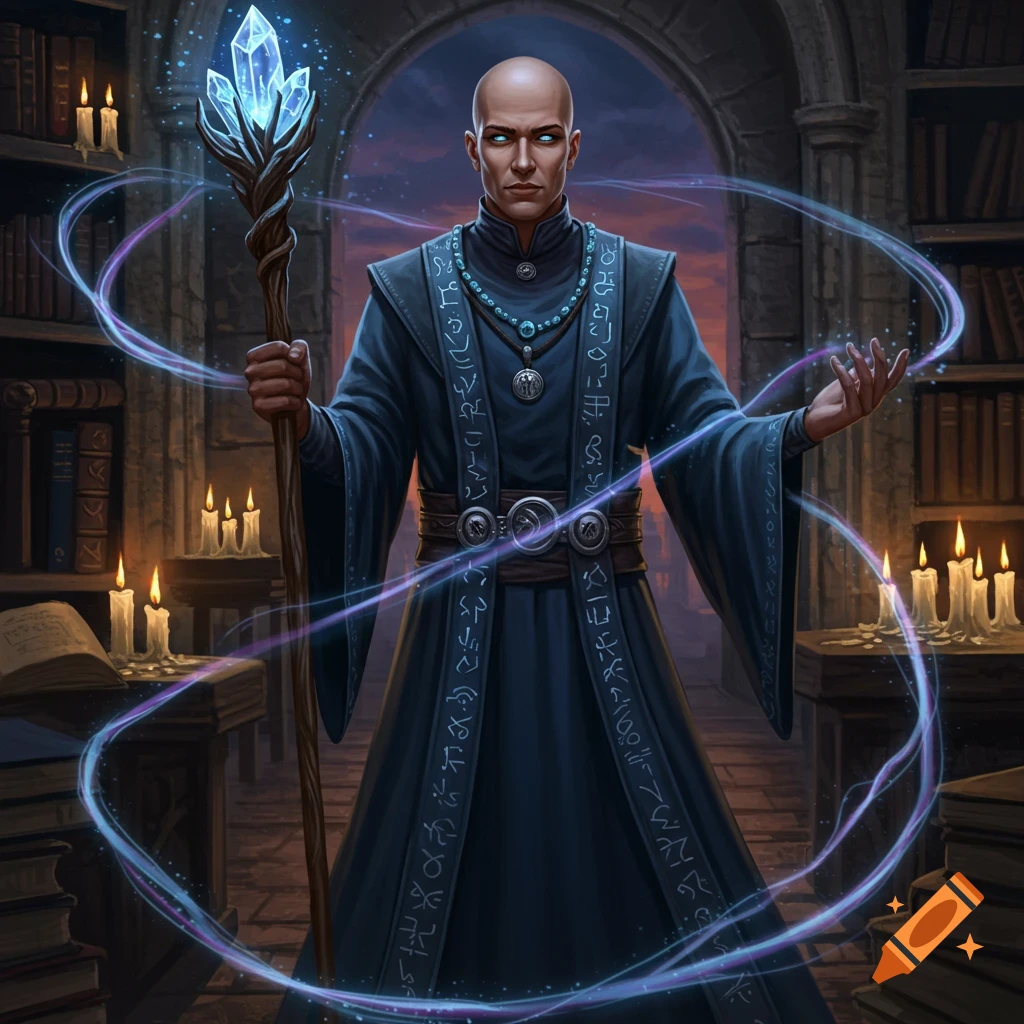 A bald male wizard with glowing eyes holds a crystal staff, surrounded by magical energy in a candlelit library.