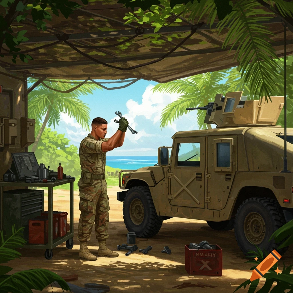 A military mechanic in camouflage uniform works on a Humvee in a tropical garage by the ocean, illustration.