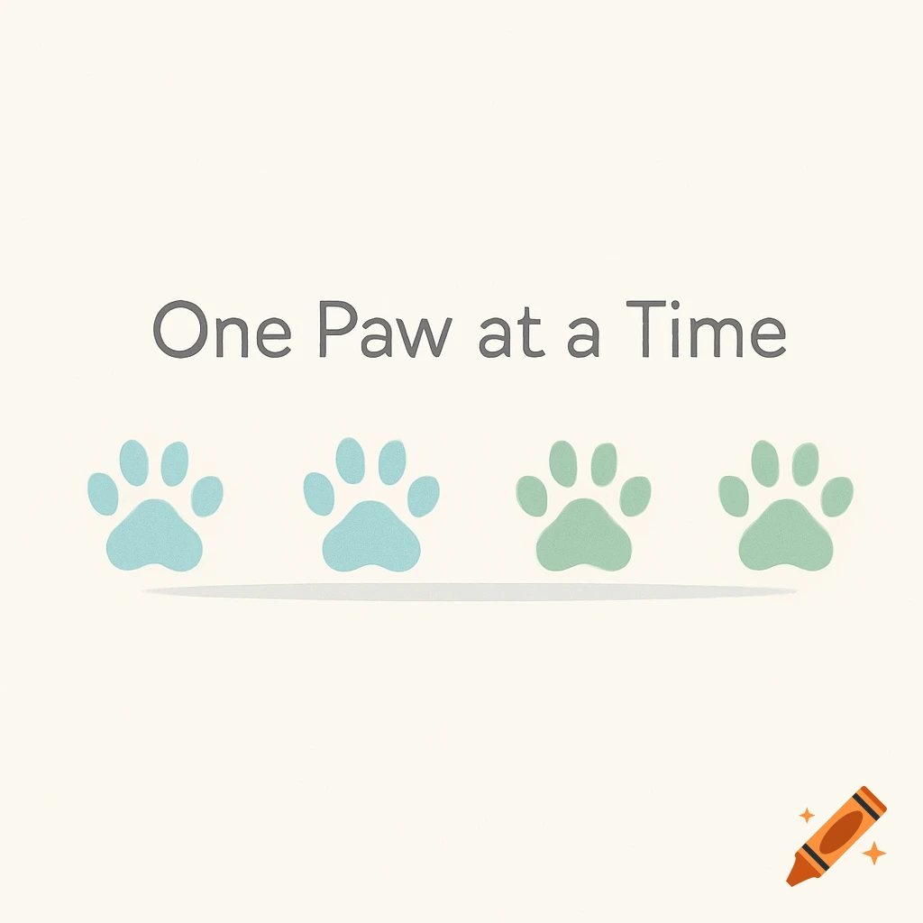 Minimalist vector illustration with text 'One Paw at a Time' above a trail of two blue and two green paw prints.