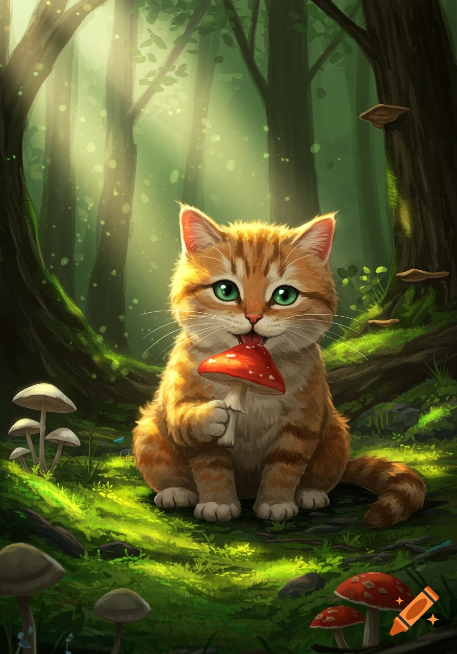 A cute orange tabby cat with green eyes holds a red mushroom in a whimsical forest clearing.