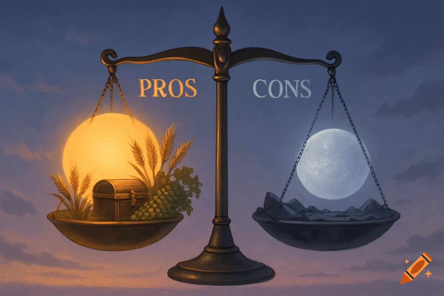 An illustration of a balance scale with 'PROS' on the left side holding a glowing sun, wheat, treasure chest, and grapes, and 'CONS' on the right side holding a dark moon and rocks.