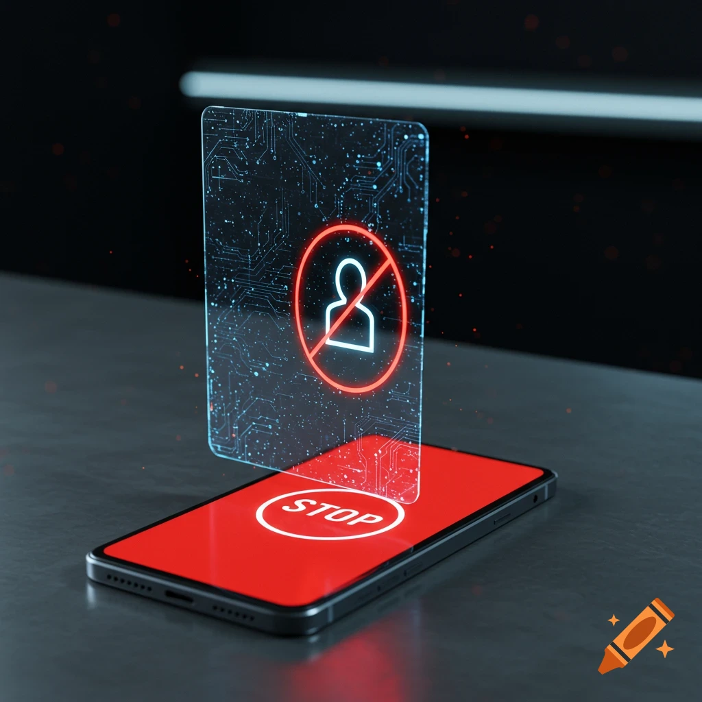 Smartphone with red screen displaying 'STOP' and a holographic projection of a blocked user icon.