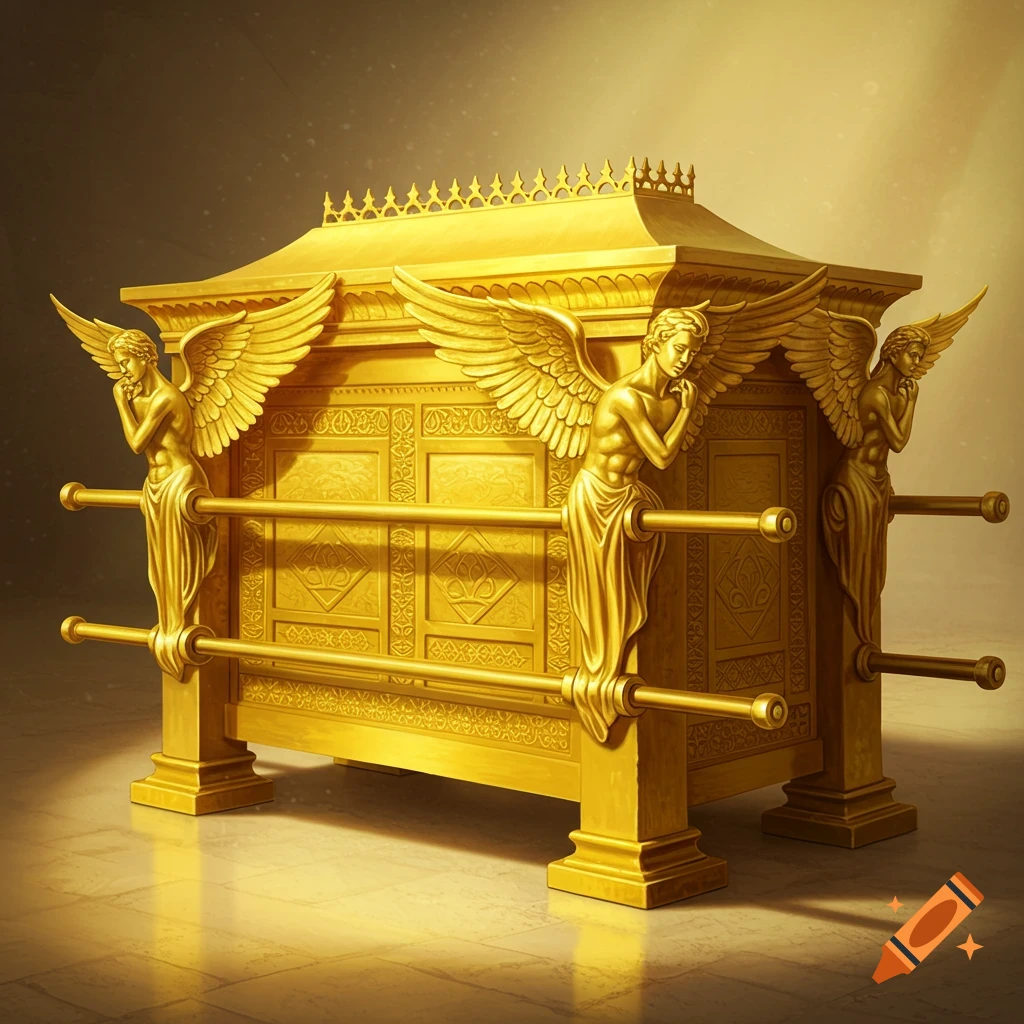 A magnificent golden Ark of the Covenant, adorned with two cherubim on the lid and carrying poles, bathed in warm light.