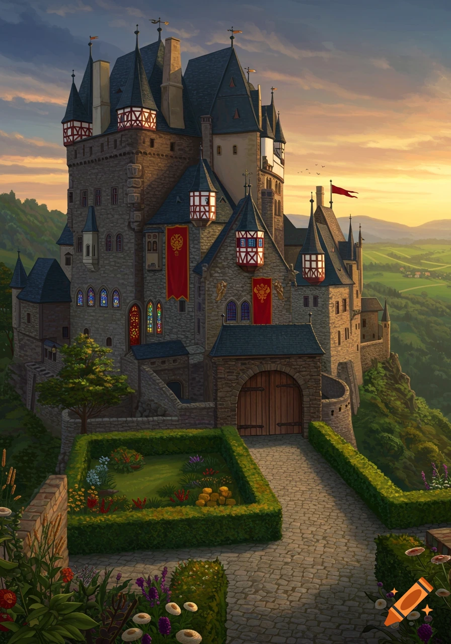 An ornate, medieval castle on a hill overlooking a green valley at sunset, with a walled garden and cobblestone path.