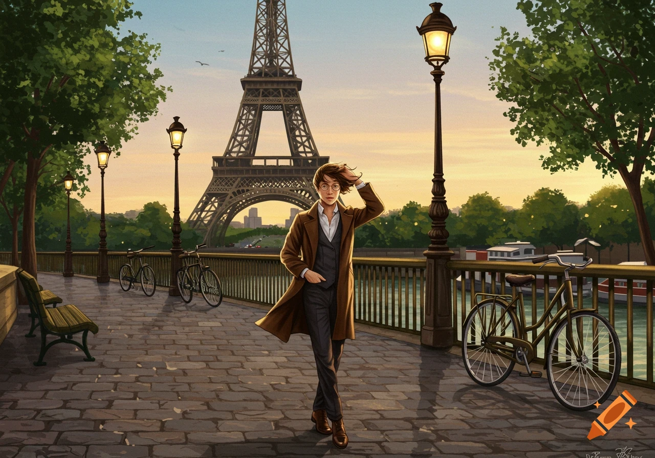 An illustrated person walks along a Parisian riverside path with the Eiffel Tower in the background at sunset, surrounded by lampposts and bicycles.