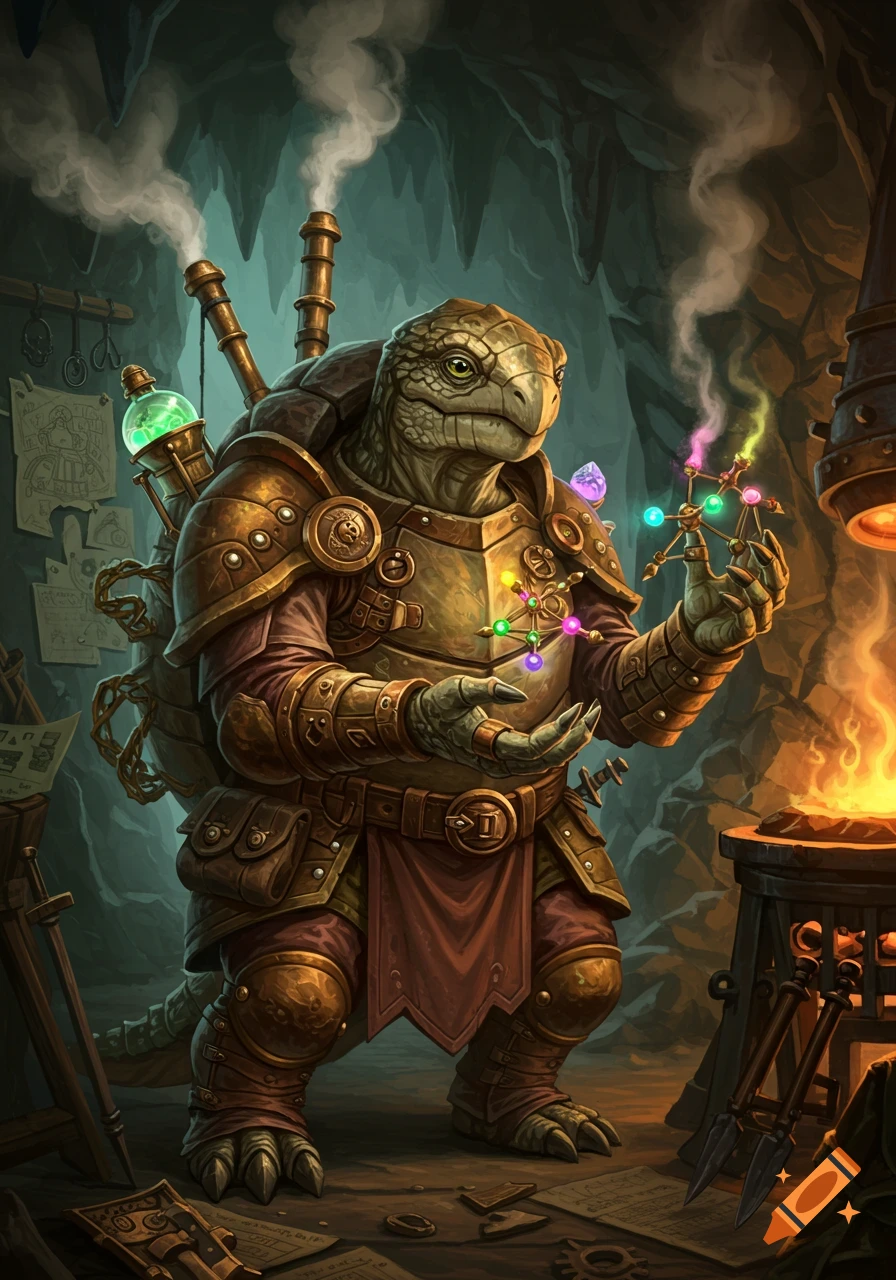 A reptilian artificer in bronze armor examines a glowing molecular model in a steampunk cave workshop.