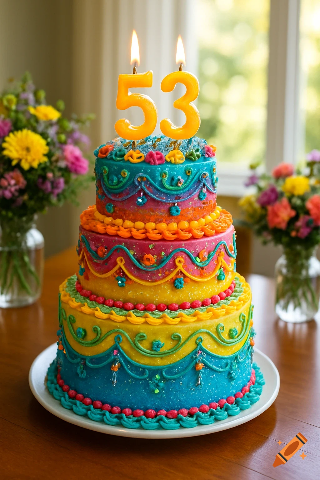 A vibrant three-tiered birthday cake with colorful frosting and decorations, topped with lit '53' candles, next to bouquets of flowers.