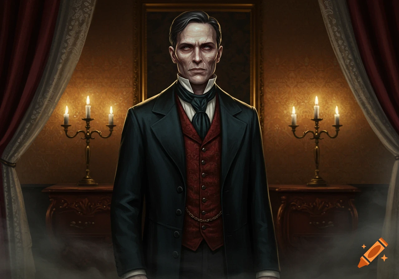 A pale, gaunt man in a black Victorian coat and red vest stands in a dimly lit, ornate room with burning candelabras and red drapes.