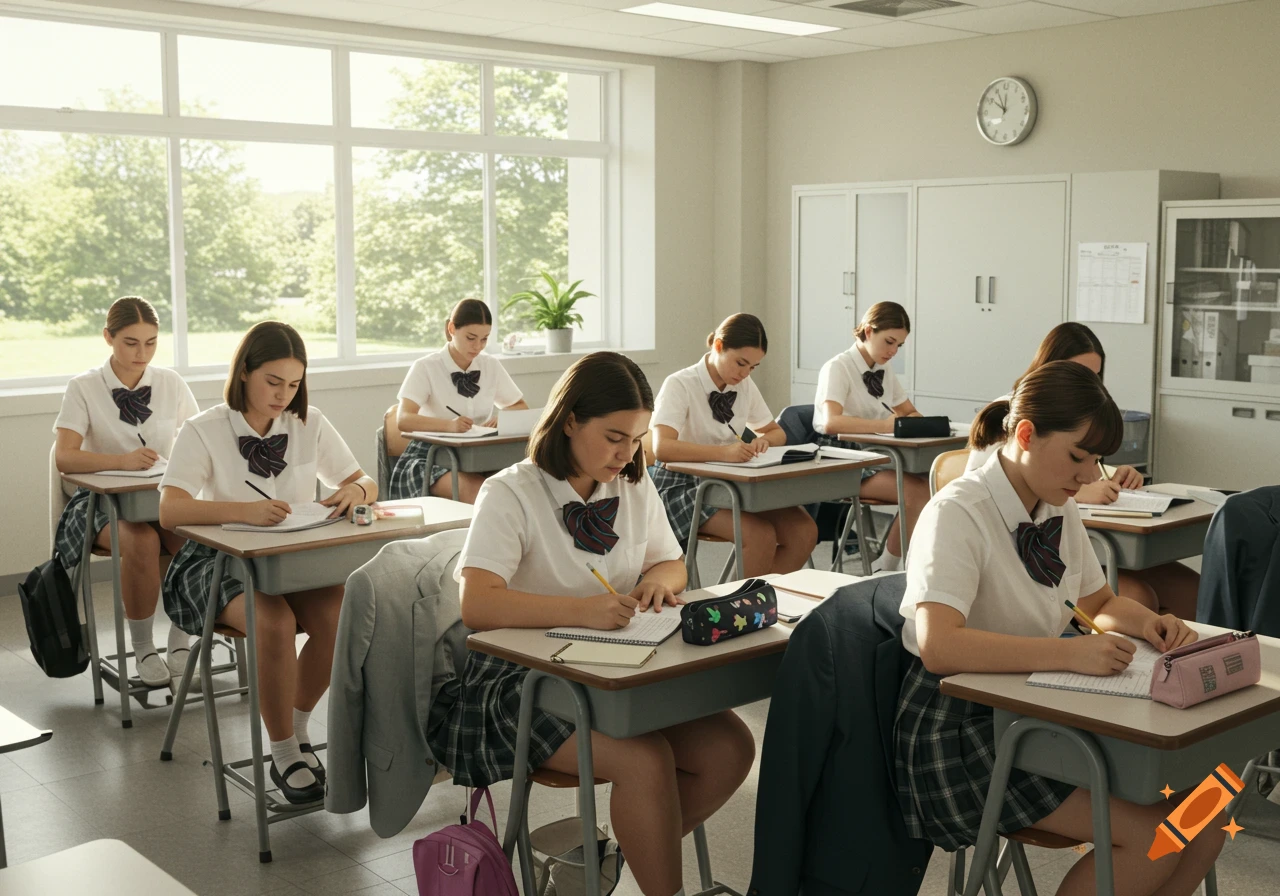 Photorealistic image of female students in school uniforms working diligently at desks in a bright vocational school classroom.
