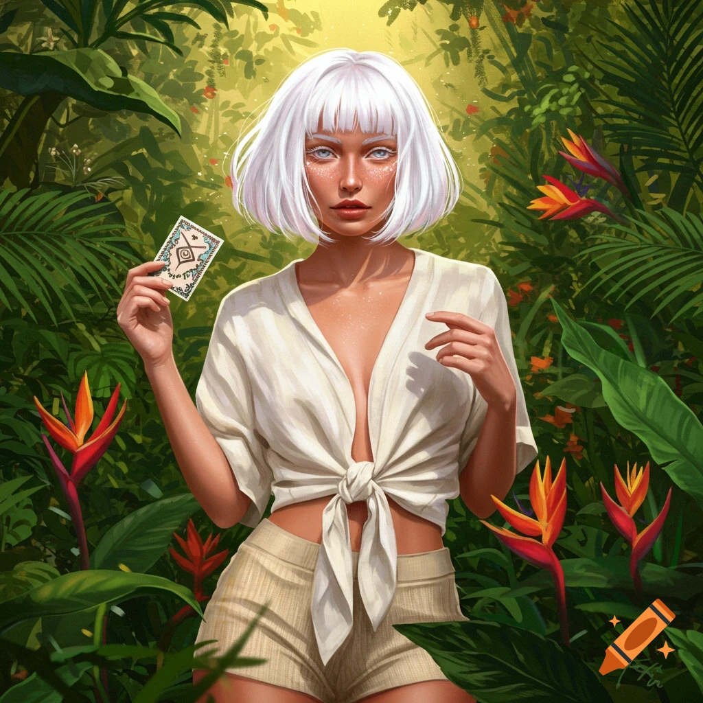 Digital illustration of a white-haired woman with blue eyes, wearing a tied white shirt and shorts, holding a patterned card in a lush jungle.