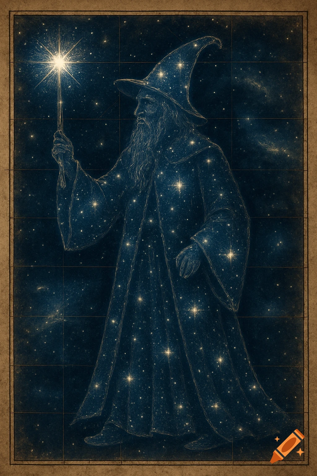 A wizard figure, composed of stars, stands against a dark starry sky on an antique-style map with grid lines and a parchment border.