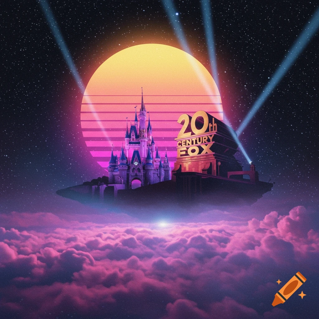 Synthwave art of a Disney castle and 20th Century Fox logo floating above pink clouds in space, with a retro sun and starry sky.