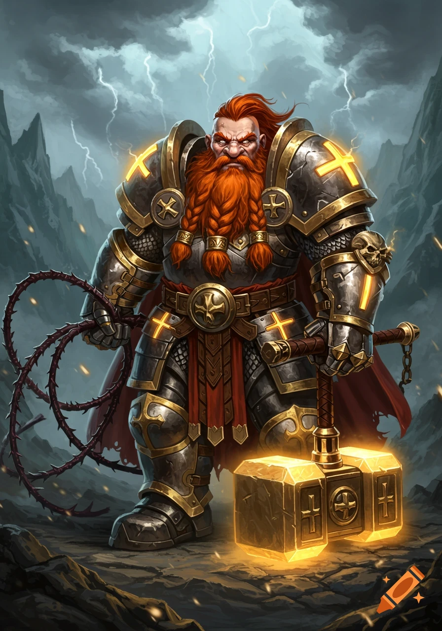 A fierce red-bearded dwarf paladin in ornate, glowing armor holds a thorny whip and a radiant golden warhammer, standing in a stormy mountain landscape.