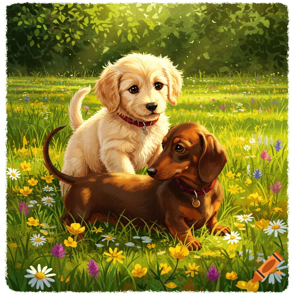 An illustration of a golden retriever puppy standing over a dachshund puppy in a vibrant, sunny field of wildflowers.