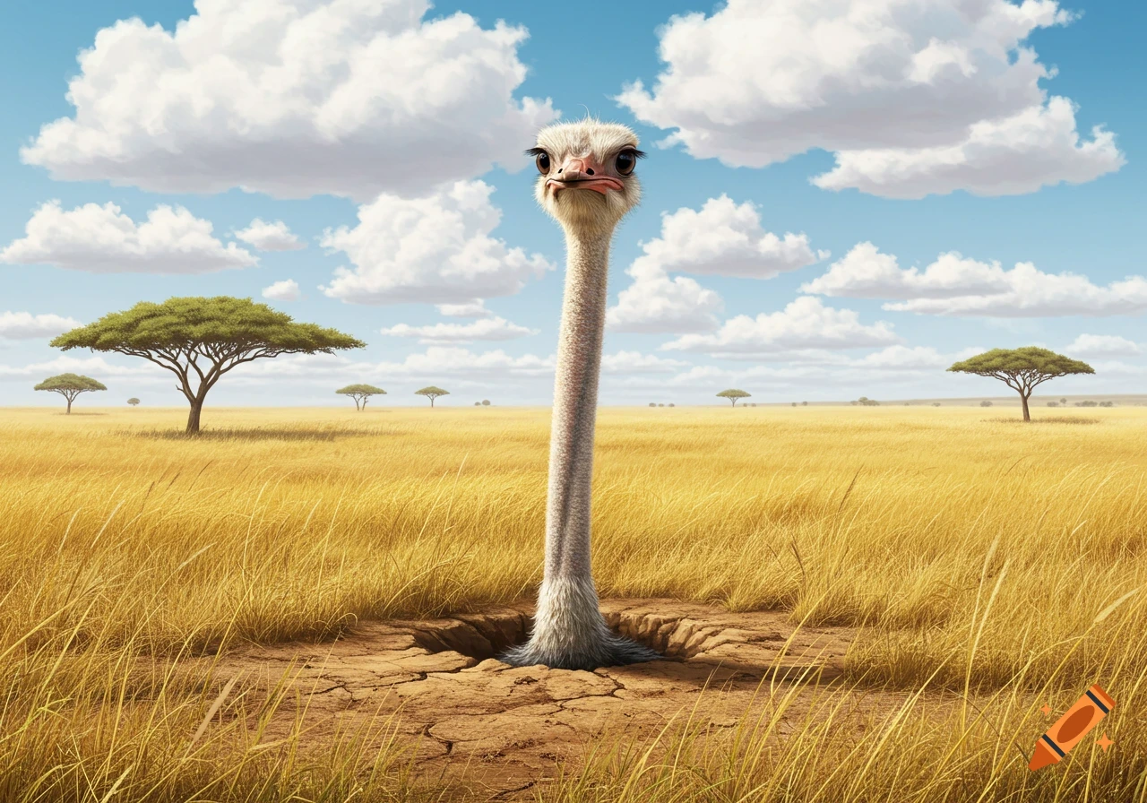 A curious ostrich's head and long neck emerge from a hole in the dry, golden savanna under a blue sky with fluffy clouds and acacia trees. Photorealistic.