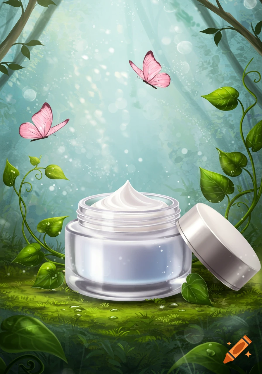 Illustration of a white cosmetic cream jar with pink butterflies, green leaves, and soft light in a vibrant forest.
