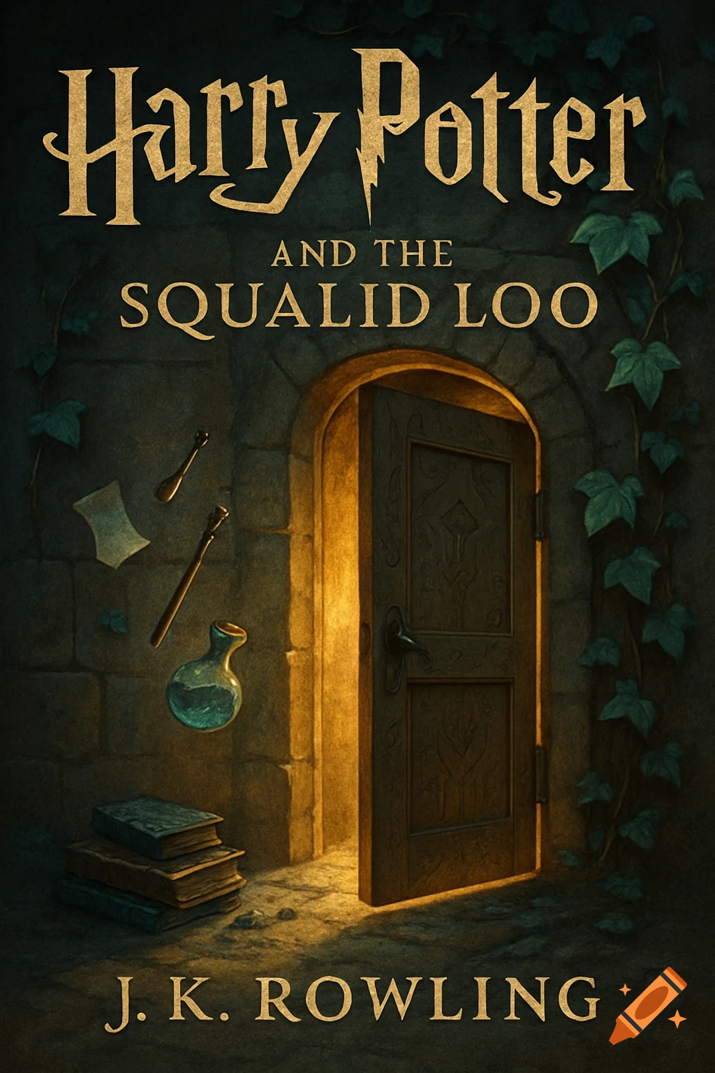 A dark, atmospheric fantasy book cover for 'Harry Potter and the Squalid Loo' with an open door, magical items, and ivy.
