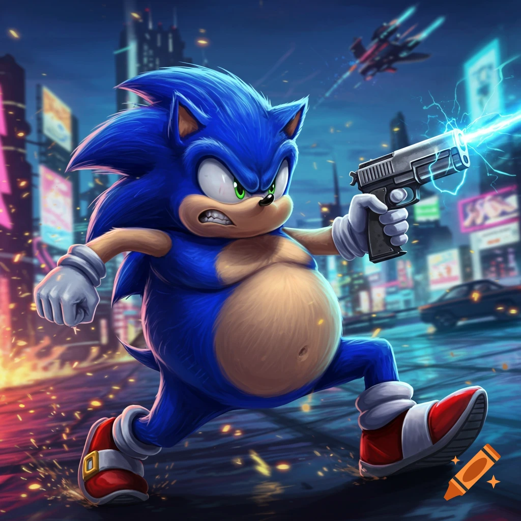 A portly Sonic the Hedgehog, with an angry expression, runs through a neon-lit city at night, firing a laser gun.