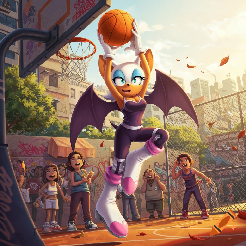 Rouge the Bat in a purple suit dunks a basketball on an outdoor court, surrounded by cheering spectators and city buildings.