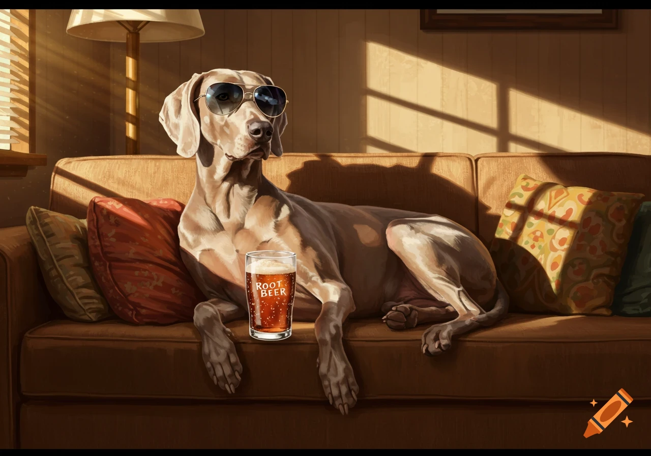 A cool Weimaraner dog with sunglasses relaxes on a couch next to a glass of root beer in a sunlit room.