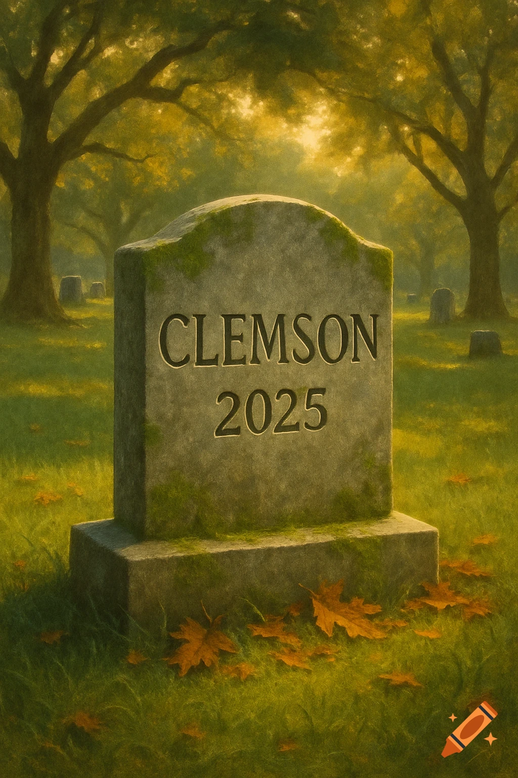 A moss-covered tombstone inscribed with "CLEMSON 2025" in a sunlit graveyard with fallen autumn leaves and trees.