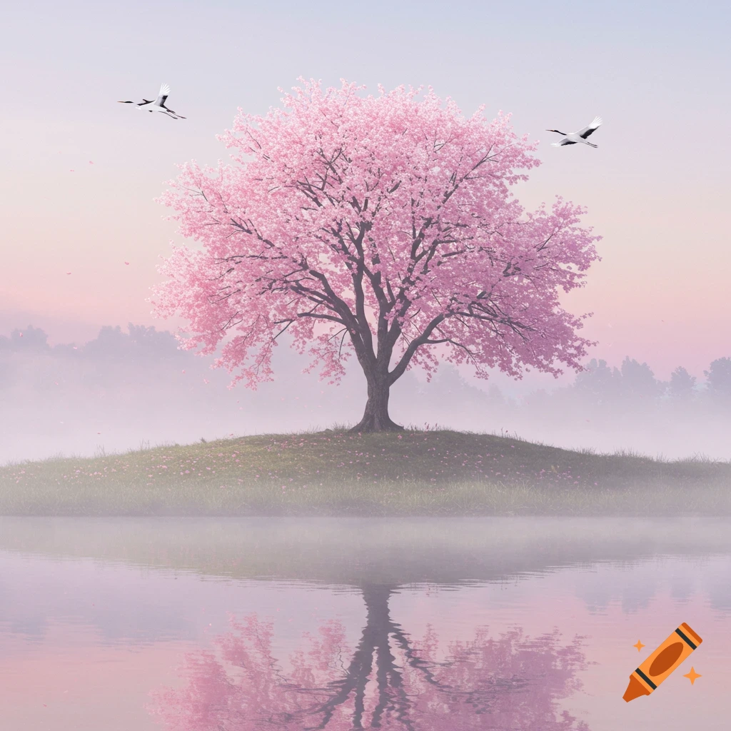 A vibrant pink cherry blossom tree on a misty island, reflected in calm water, with two cranes flying in a pastel sky.