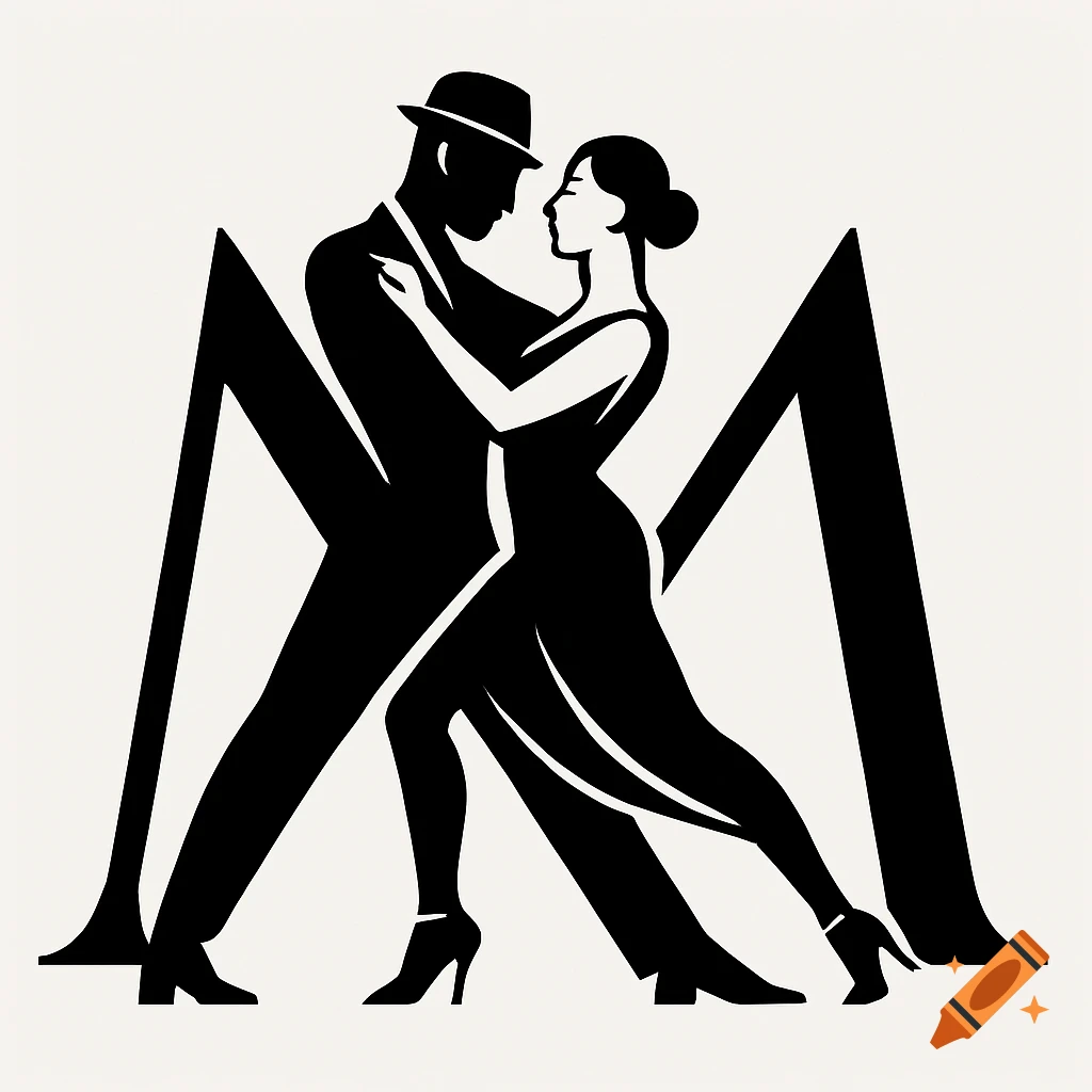 Black and white logo of a tango couple stylized to form the letter M, dancing elegantly.
