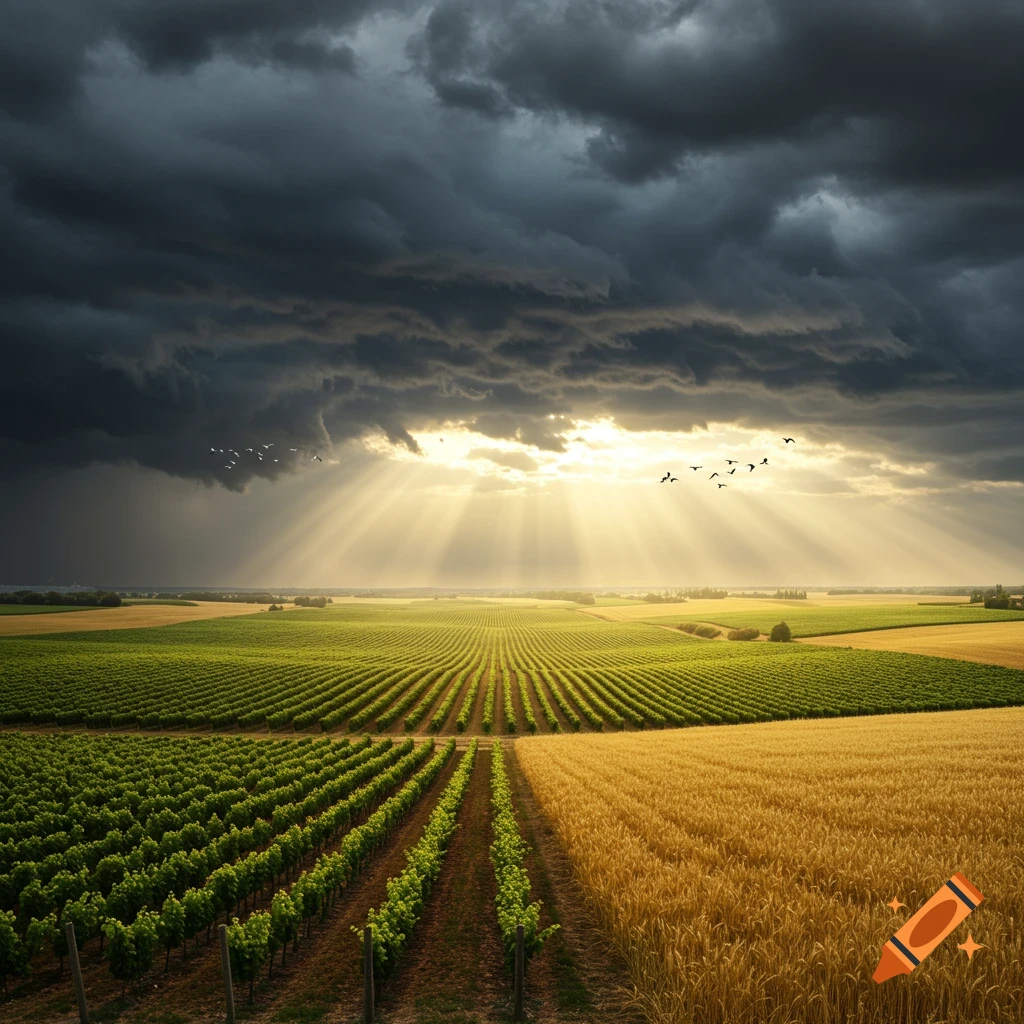 Photorealistic landscape of green vineyards and golden wheat fields under dramatic dark clouds, sun rays, and flying birds.