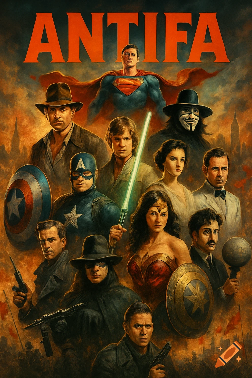 A gritty film poster titled 'ANTIFA' featuring a collage of superheroes and pop culture icons like Superman, Wonder Woman, Captain America, Indiana Jones, and Luke Skywalker.