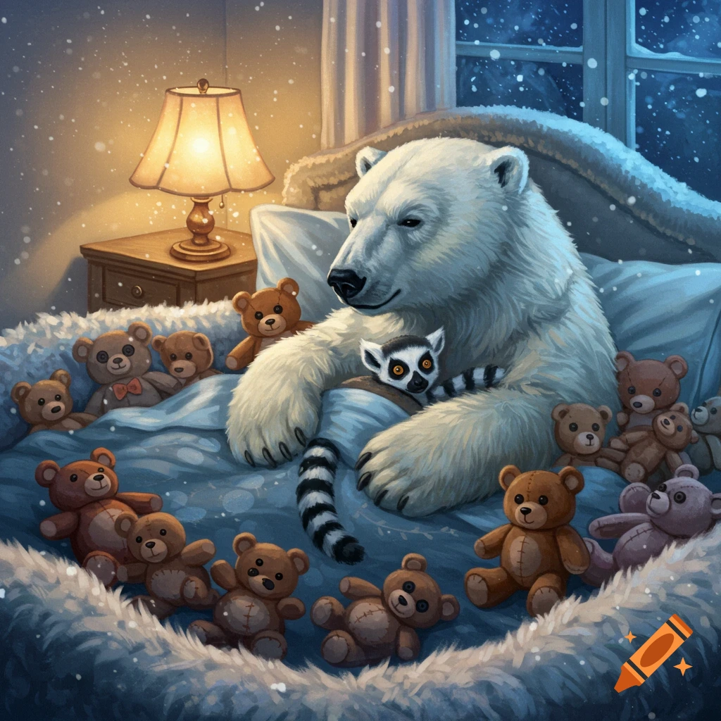 Illustrated polar bear and lemur in a cozy bed surrounded by teddy bears, with snow falling outside.