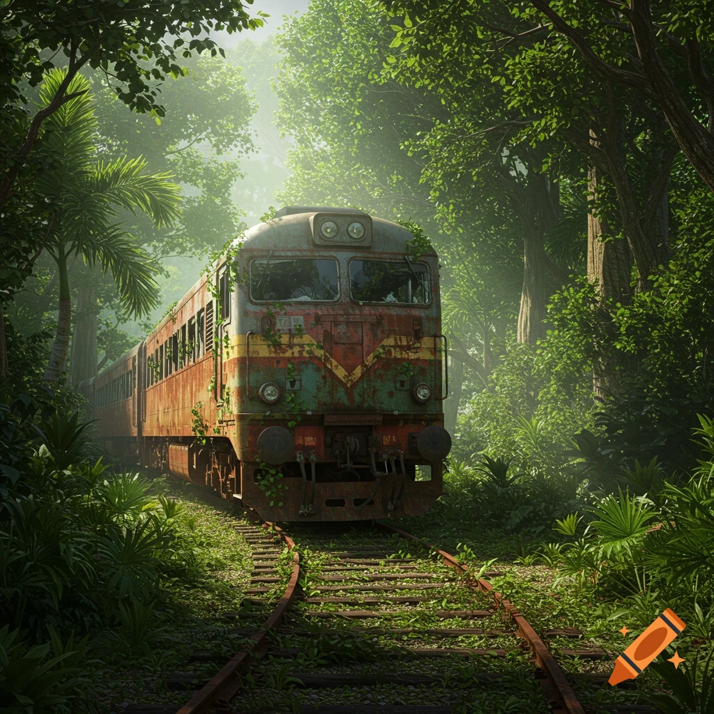 A rusty, abandoned train sits on overgrown tracks deep within a lush, sun-dappled jungle.
