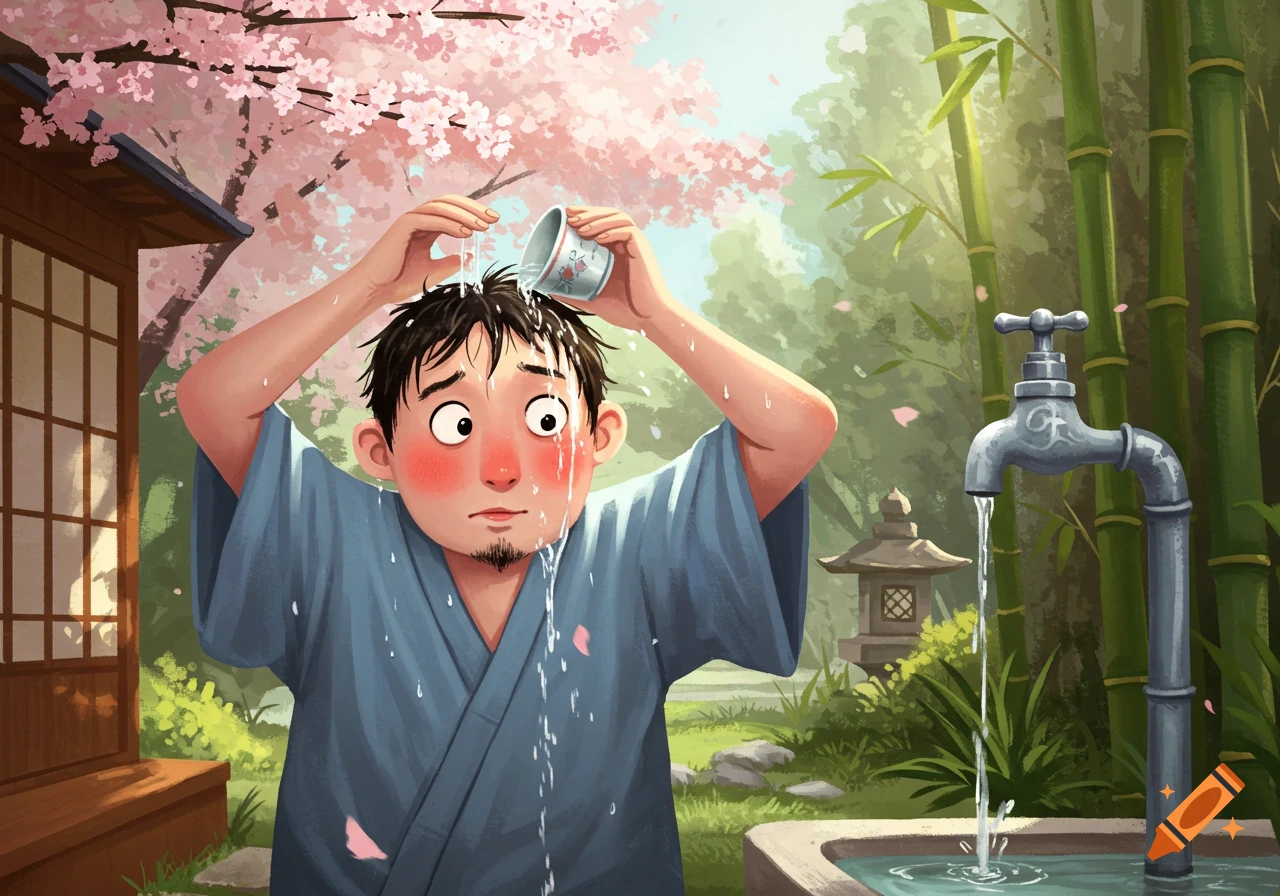 A sheepish Japanese man in a blue kimono pours water over his head from a cup in a lush garden with cherry blossoms, bamboo, and a dripping faucet.