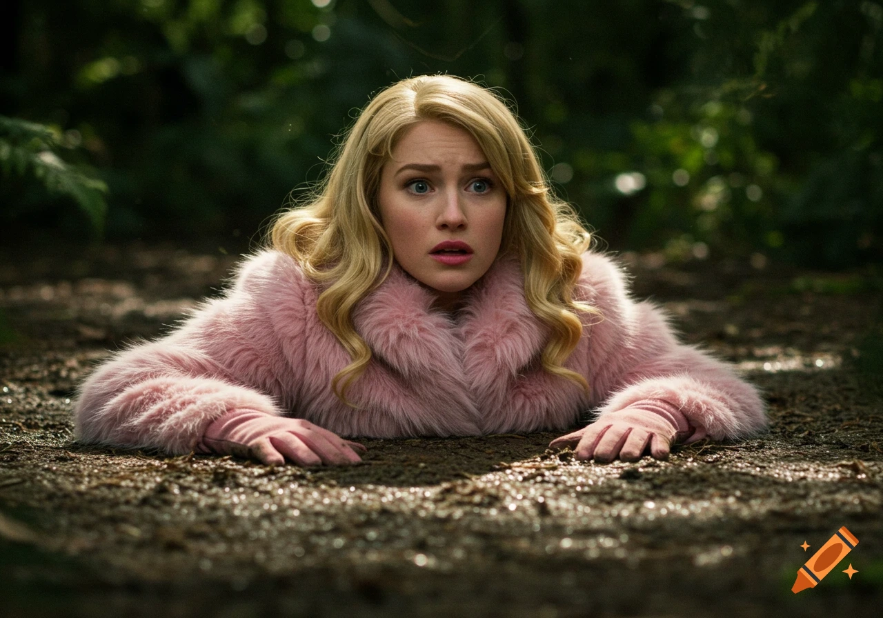 A blonde woman in a pink fur coat and gloves, stuck in mud in a forest, looks up with a terrified expression.