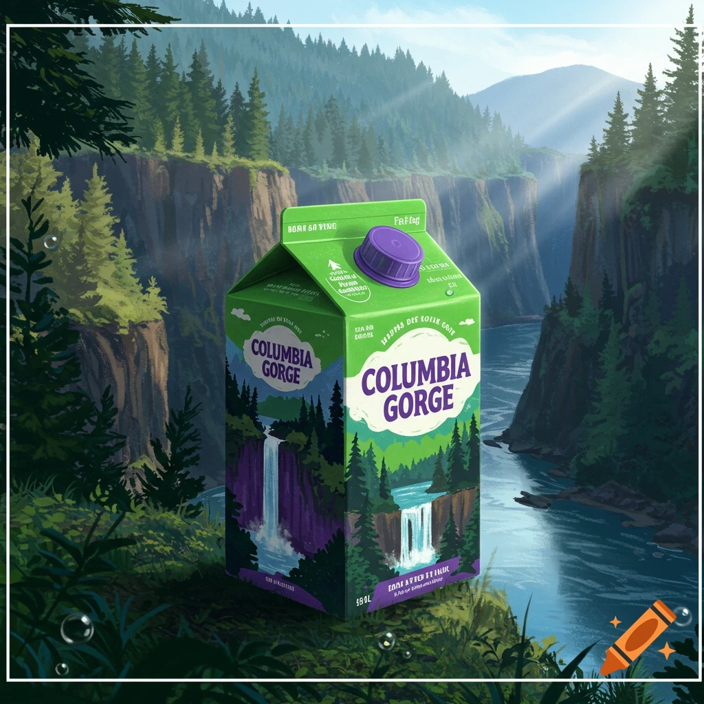 A stylized green carton labeled "COLUMBIA GORGE" sits in the foreground, with a waterfall and forest canyon in the background under a blue sky.