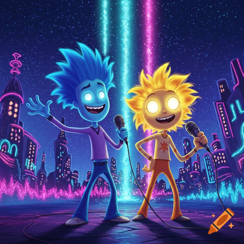 Two cartoon characters, one blue and one yellow, sing into microphones in a vibrant, neon-lit futuristic city.