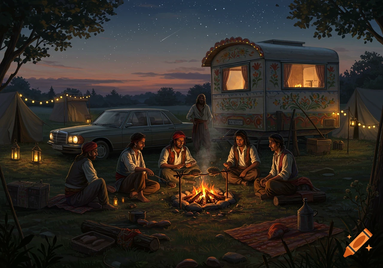 A group of people sit around a campfire, cooking, next to a caravan, car, and tents under a starry night sky.