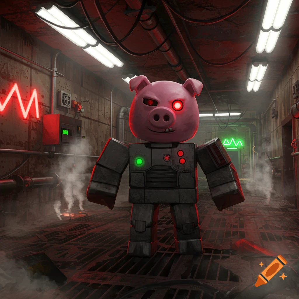 A blocky, pink robotic pig character with a glowing red eye stands in a dark, gritty industrial hallway lit by red and green neon lights.