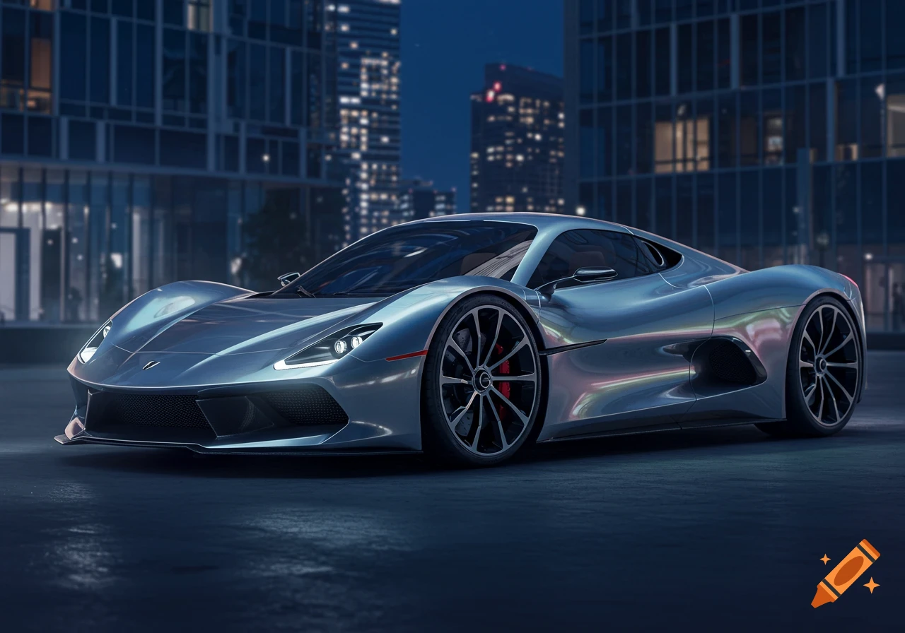 Photorealistic image of a sleek, silver futuristic concept hypercar parked on a city street at night, with illuminated buildings in the background.