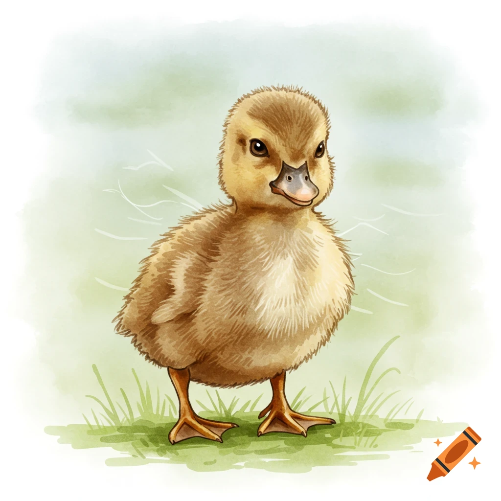 A small, grumpy brown duckling stands on green grass with a pale green watercolor background.