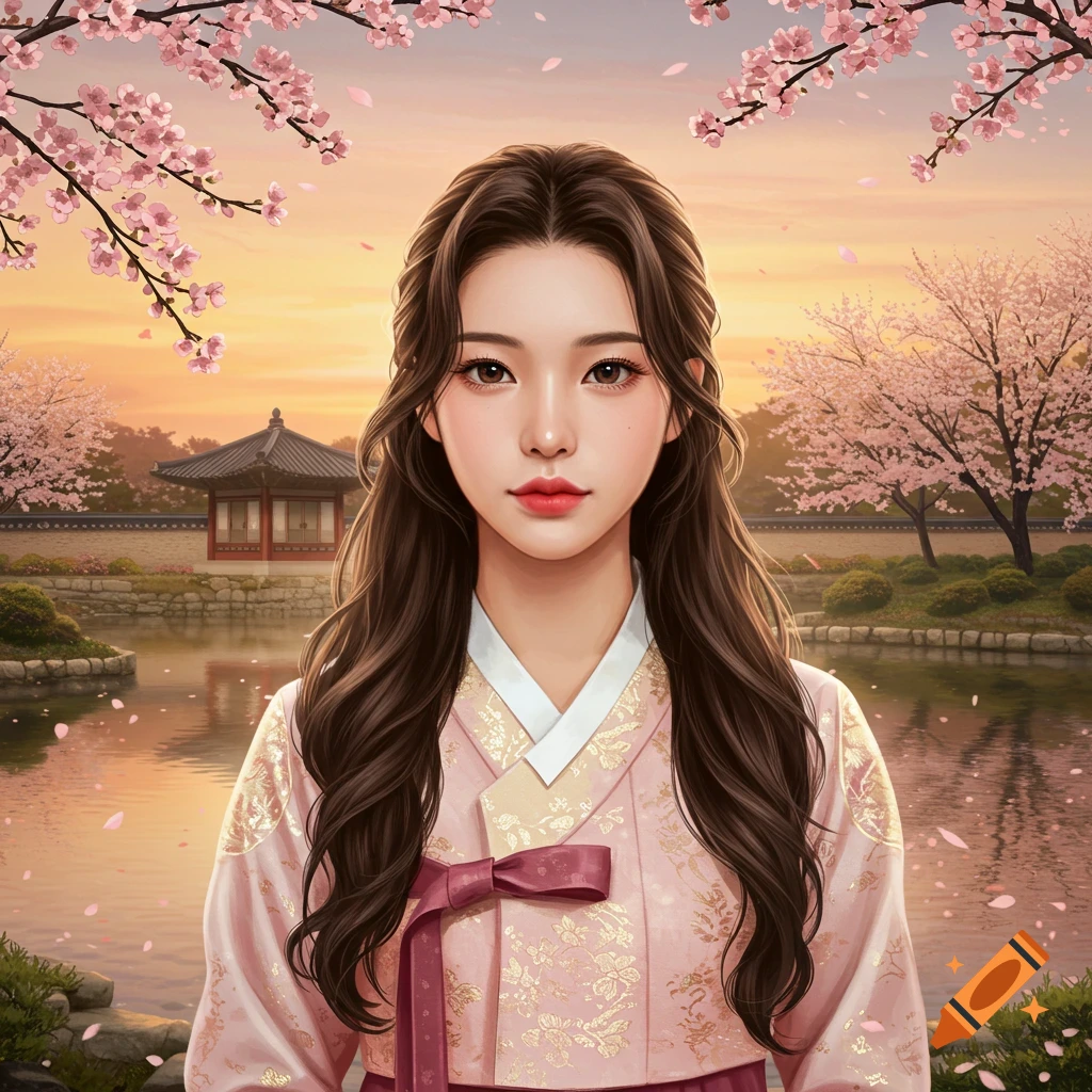 A young woman with long dark hair, wearing a pink Hanbok, stands in a serene Korean garden with cherry blossoms and a pond at sunset.