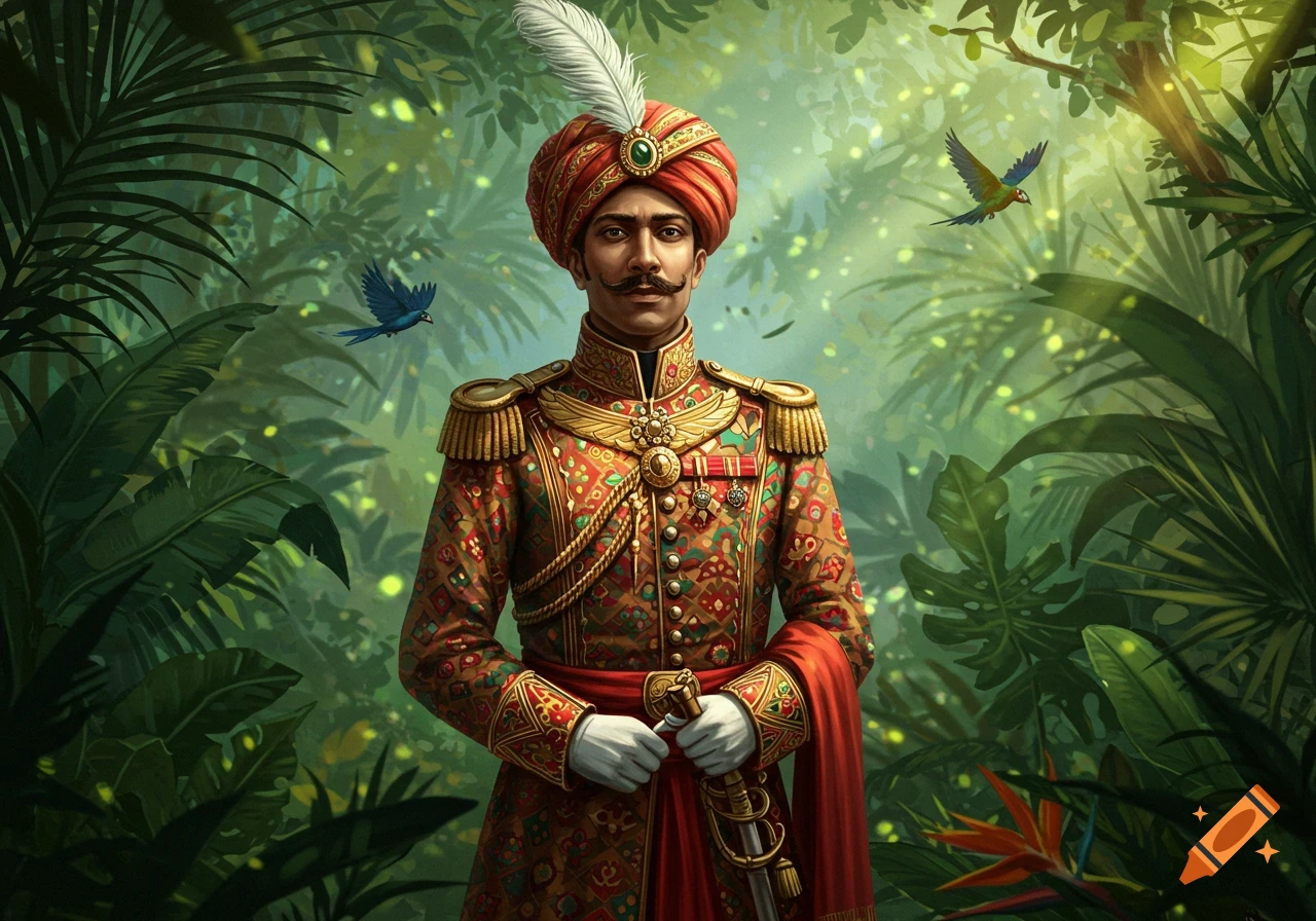 Detailed illustration of a man in an ornate red and gold uniform and turban, holding a sword, standing in a lush jungle with birds.